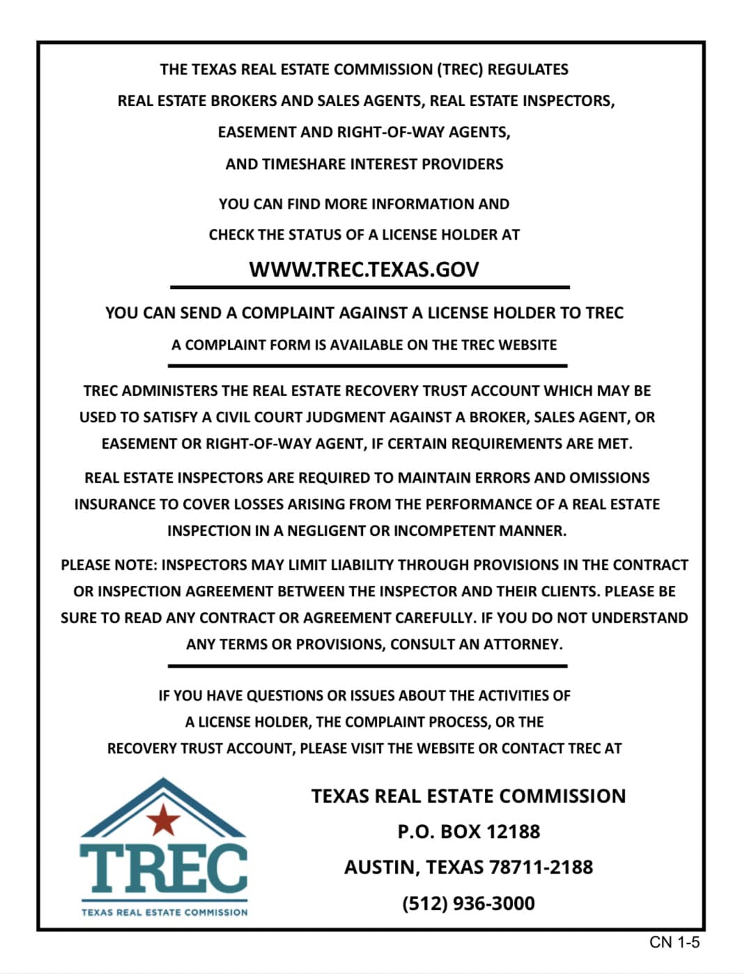 TX Real Estate Commission Consumer Protection Notice