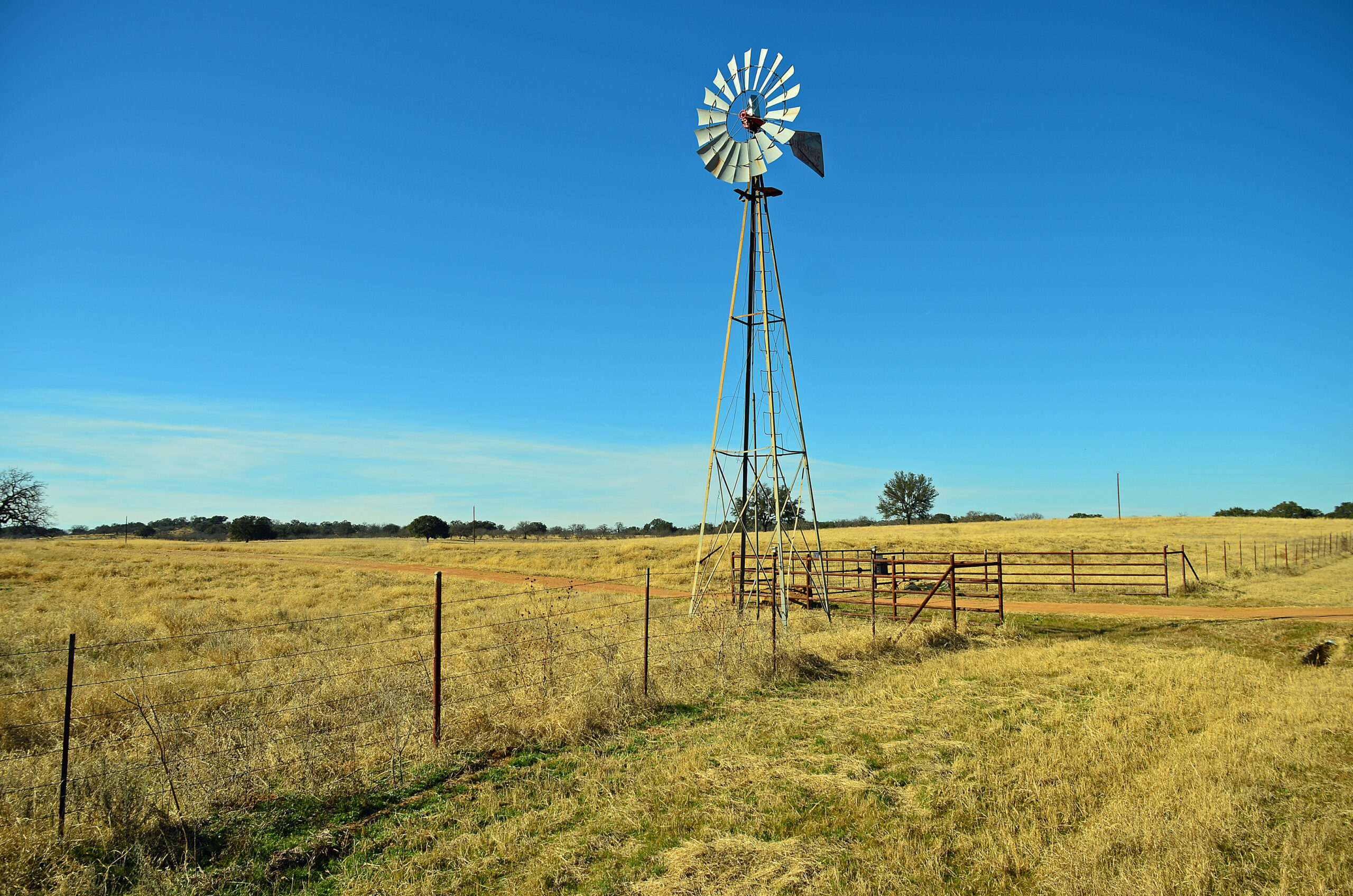 Gate and entrance through barbed wire fence with water well windmill on Central Texas Ranch.